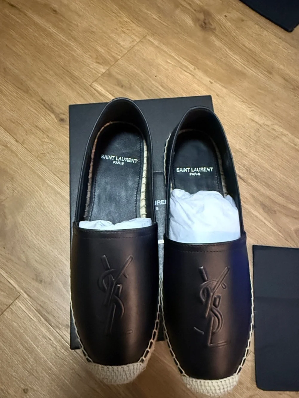 Saint Laurent Black Leather Espadrille Slip-Ons with Natural Raffia Toe - Picture 4 of 4